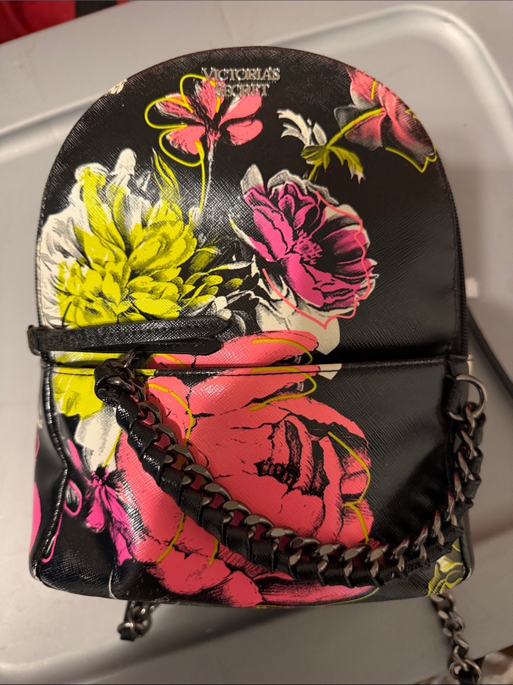 Victoria's Secret Black Floral Chain-Accent Backpack - Pink & Yellow
